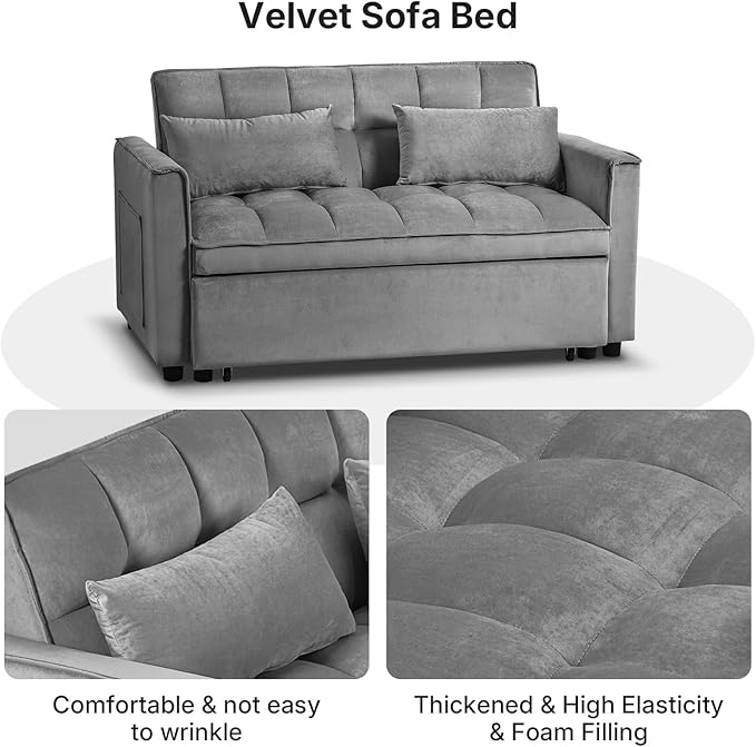 Rovibek 3 in 1 Sleeper Sofa Bed 53'' Pull Out Couch Convertible Futon Loveseat with Adjustable Backrest Velvet Sleeper Chaise Lounge Futon for Apartment Office Small Space Dark Grey