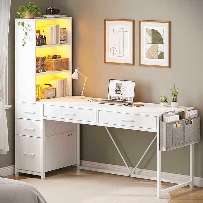 SEDETA Computer Desk with 5 Drawers and Bookshelf Reversible Home Office Desk with Storage Shelves and File Drawer Gaming Desk with LED Lights for Small Spaces White
