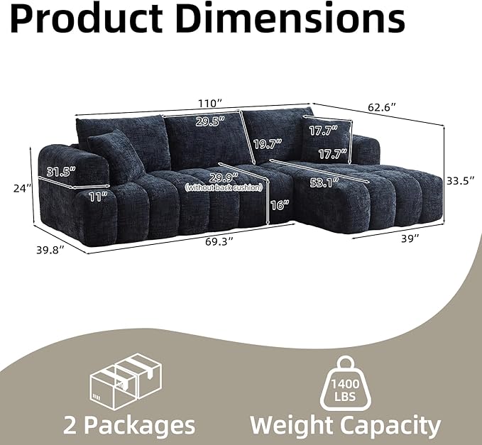 110 Inch Cloud Sectional CouchModern Upholstered Sofa with Deep SeatChenille Boneless Couches with L-Shape ChaiseSponge Compressed Couches for Living Room (Dark Blue Right Facing Chaise)