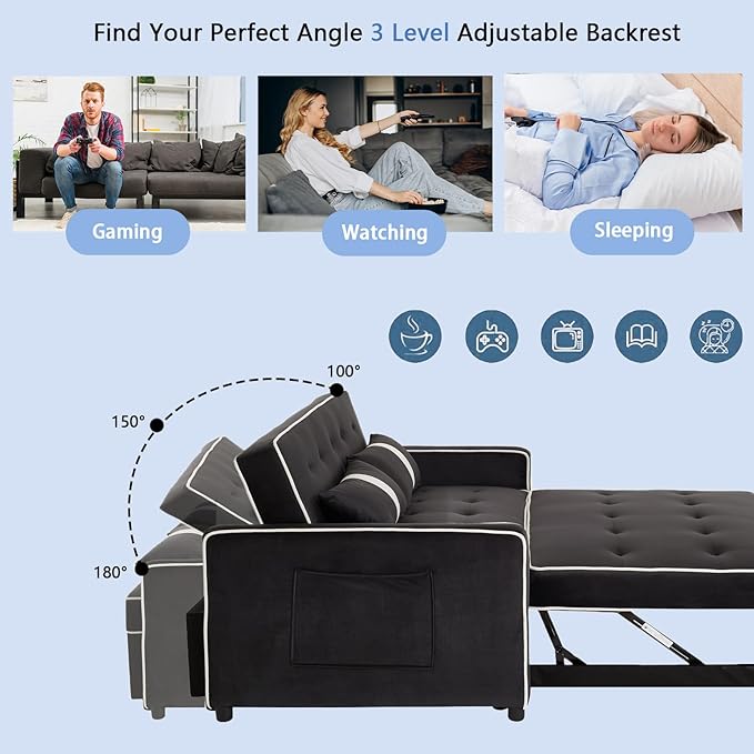 3 in 1 Convertible Sleeper Sofa Bed Small Couch for Living Room Bedroom with Pullout Bed Adjustable BackrestVelvetLoveseat Sofa BedFuton Couches (Black)