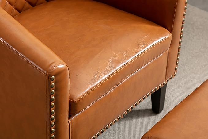 Generic Accent Chair with Ottoman Mid Century Modern Barrel Chair Upholstered Club Tub Round Arms Chair for Living Room Light Brown