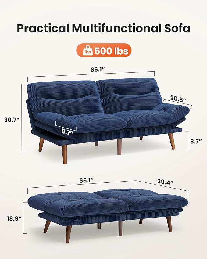Amada 66 Convertible Futon Sofa Bed Corduroy Folding Futon Set with Adjustable Backrest &ampArmrests Recliner Lounge for Living Room Apartment or Office Solid Wood Frame Loveseat Sofa - Blue