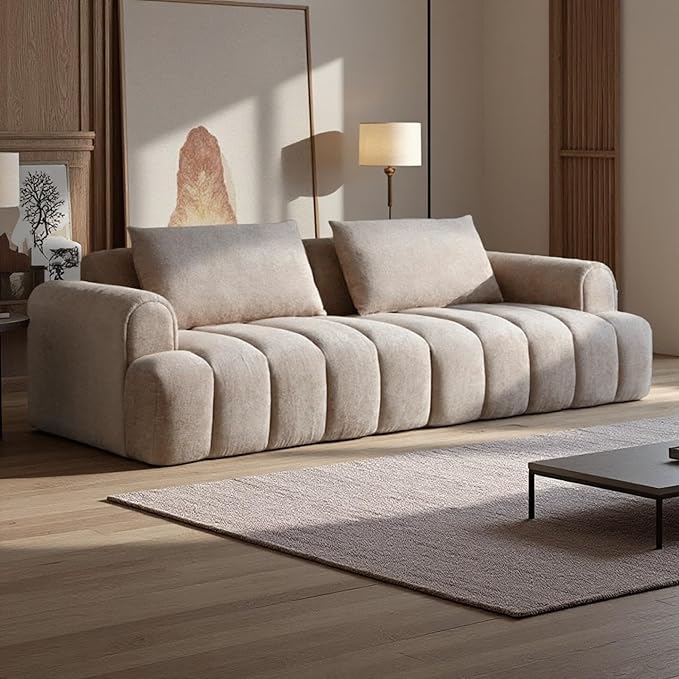 Minimalist Wabi Sabi Sectional Sofa Couch Modern Oversized 4-Seater Sofa Teddy Velvet Comfy Couch for Living Room Apartment Camel