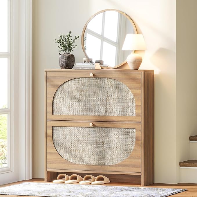 Nicetree Rattan Arched Accent Shoe Storage Cabinet - Freestanding Ultra Slim for Entryway 2 Flip Drawers &amp 3-Tier Adjustable Shelves Farmhouse Modern Rustic Shoe Rack for Hallway Foyer Living