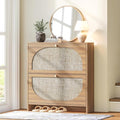 Nicetree Rattan Arched Accent Shoe Storage Cabinet - Freestanding Ultra Slim for Entryway 2 Flip Drawers &amp 3-Tier Adjustable Shelves Farmhouse Modern Rustic Shoe Rack for Hallway Foyer Living