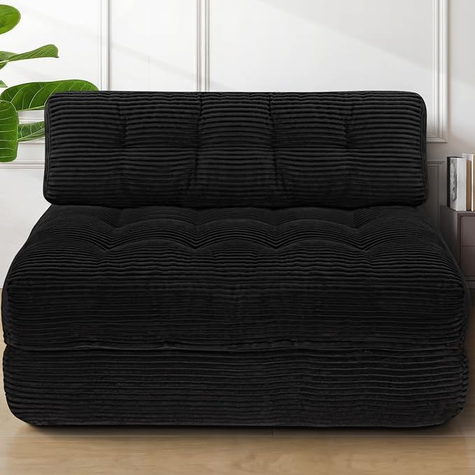 Folding Sofa Bed Convertible Sleeper Chair with Pillow &amp Handle Foldable Mattress Futon Chair Bed Lounge with Back Support Comfy Floor Sofa for Living Room Bedroom Black Full