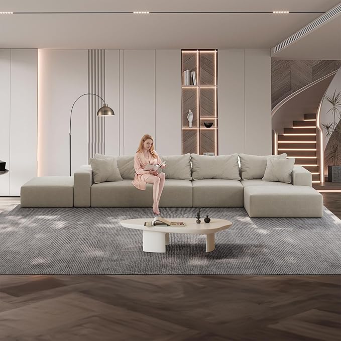197” Modular L-Shaped Sectional Sofa Cloud Chenille Couch with 6 Pillows No-Assembly Customizable Sofa for Living Room &amp Bedroom Beige
