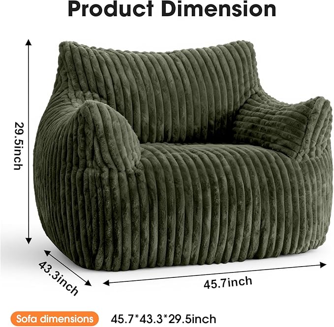 Giant Bean Bag Chair for Adults Oversized Memory Foam Bean Bag Sofa with Armrests Large Comfy Fluffy Single Lounges Mini Couch for Living Room Bedroom &amp Dorm(Green)