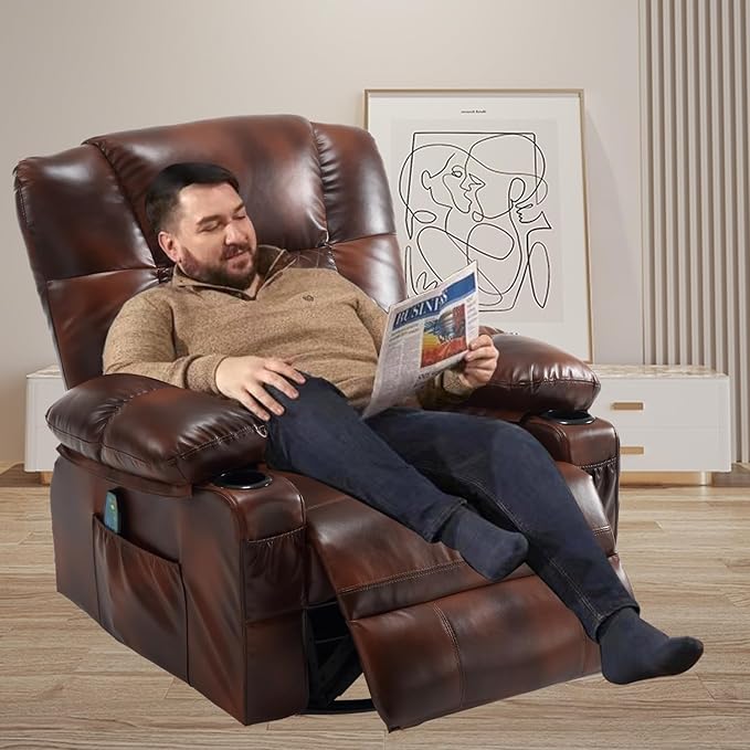 Faux Leather Swivel Rocker Recliner with Heat and Massage Cup Holders Overstuffed Rocking Glider Chair Heated Massaging Reclining Chair Brown