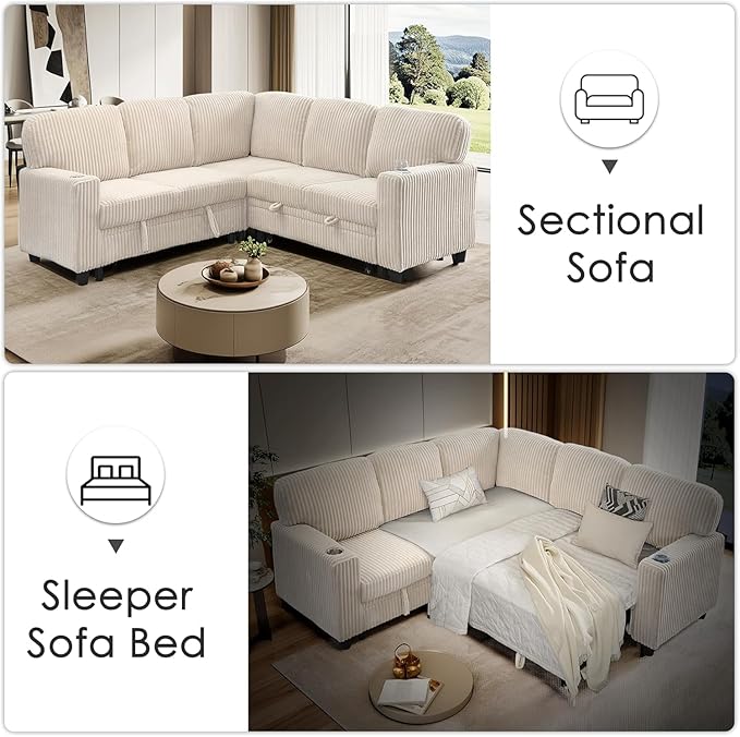 81 Modular Sectional Sofa L Shaped 5-Seater Sleeper Sofa with Pull Out Bed Hidden Storage Cup Holders &amp USB Charging Ports Sectional Couches for Living Room Corduroy Beige