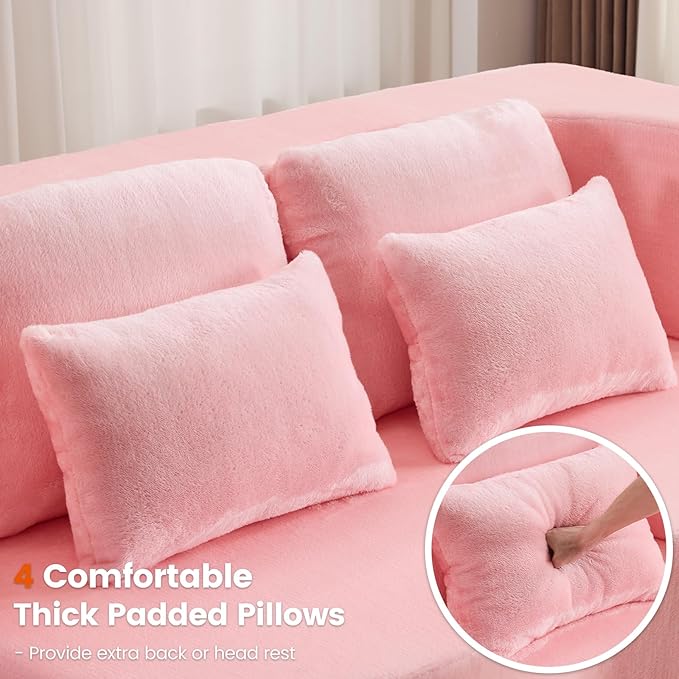 78” Convertible Folding Sofa Bed Full Size Sleeper Loveseat Chenille Full Foam Floor Couch for Living Room Bedroom No Assembly Required (Pink)