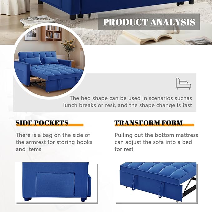 54 Convertible Sofa Bed Velvet Sleeper Sofa with Pull-Out Bed 3-in-1 Futon Couch with Reclining Backrest and Side Pocket Modern Loveseat for Living Room (Dark Blue)
