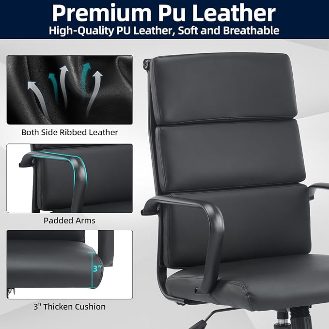 Office Chair Ergonomic Adjustable Desk Chair Mid Back Executive Comfortable Leather Lumbar Support Home Computer Chair with Padded Seat Swivel Wheels