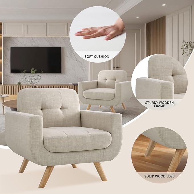 Rosevera Elena Contemporary Accent Armchair with Linen Upholstery Living Room Furniture Pearl