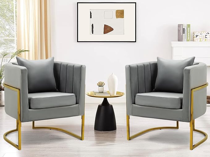 X-VOLSPORT Velvet Accent Barrel Chairs Set of 2 Modern Arm Club Chair Set with Pillow for Living Room/Bedroom/Guest Reception Channel Tufted Gold Finish Base Grey