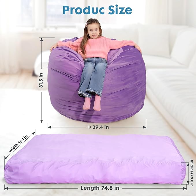 Bmag Giant Bean Bag Chair Bed 6FT Convertible Bean Bag Chair &amp Crash Pad Large Floor Sofa Lazy Chair with Memory Foam Big Sofa Bed in Bedroom Dorm Room Removable Washable Cover Purple