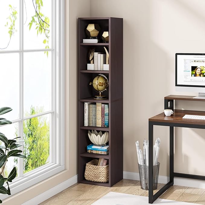 LITTLE TREE 70.9 Inch Tall Narrow Bookcase Set of 2 Modern Bookshelf 6 Tier Cube Display Shelf Storage Organizer for Small Space Brown