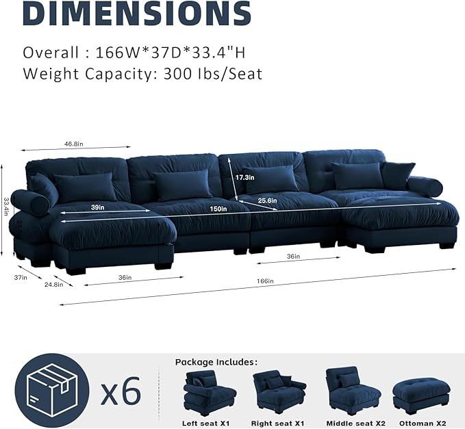 166 Modern Oversized Modular Sectional Sofa 4-Seater U-Shaped Cloud Sleeper Couch with 2 Ottomans Pillows and Overthick Cushion for Living Room Home Theater Apartment Velvet Blue