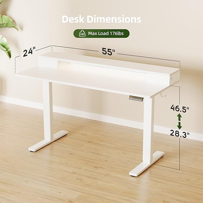 Claiks Electric Standing Desk with Shelf 55 Inch Height Adjustable Standing Desk with LED Lights &amp Monitor Stand White Frame/White Top