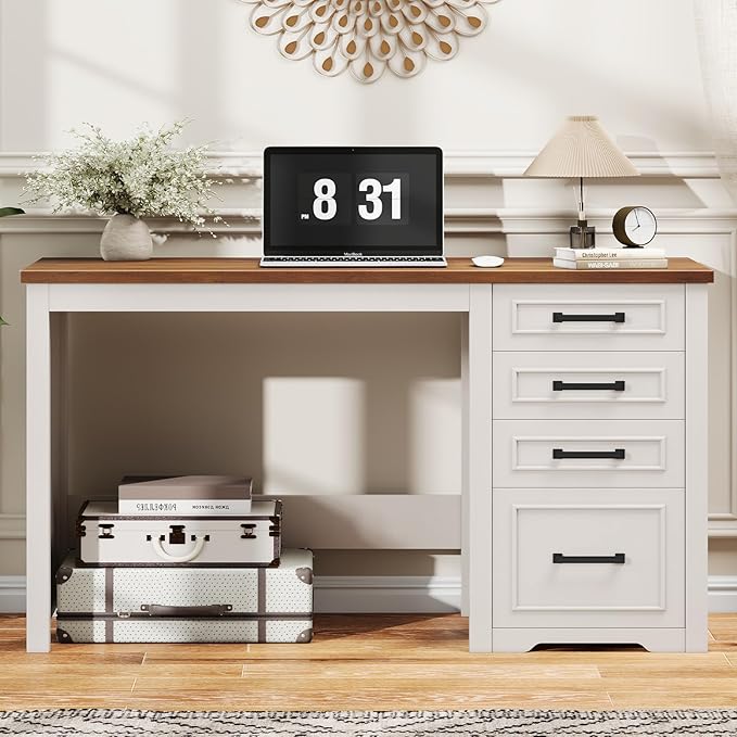 Vabches Farmhouse 49” Executive Desk with File Drawer 4 Drawers Reversible Computer Desk with Storage Rustic Home Writing Workstation for Home Office.White Brown
