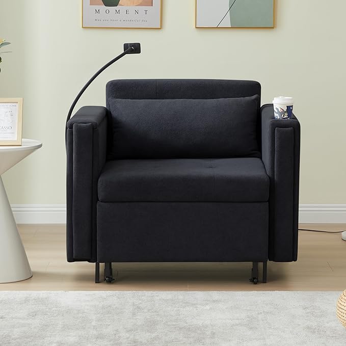 ORRD Pull Out Sofa Chair Bed 2-in-1 Multi-Functional Sleeper Couch Small Loveseat Bed with Hidden Side Table Phone Holder and Cup Holder for Living Room Small Space Apartment (Black)