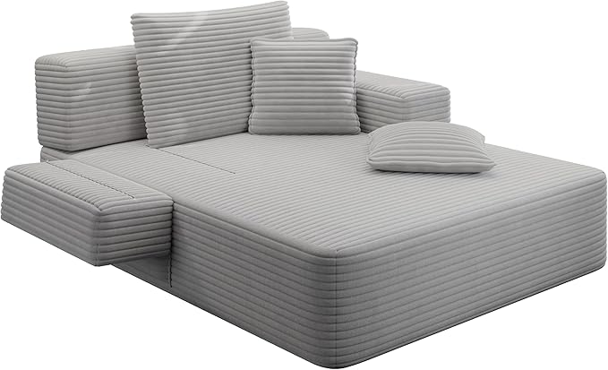 Chaise Lounge Chair Indoor Corduroy Upholstered Boneless Sofa Bed with 3 Pillows &amp Foldable Armrest Oversized Deep Seat Cloud Reading Chairs Sleeper Couches for Living Room Grey