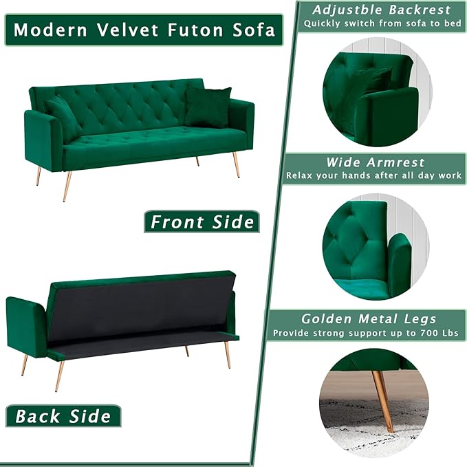 KINFFICT Velvet Futon Sofa Bed with 2 Pillows Convertible Sleeper Sofa Couch with 3 Angle Adjustable Backrest Modern Loveseat with 4 Golden Metal Legs for Living Room and Bedroom