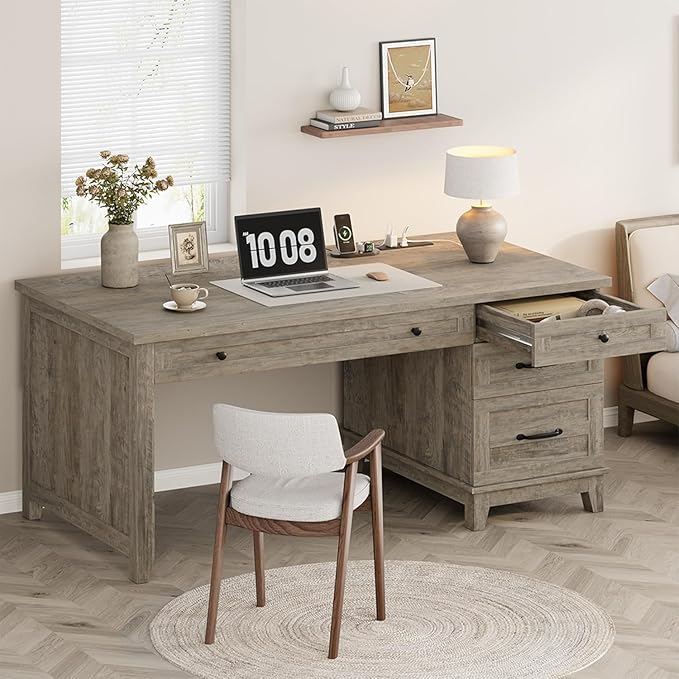 Farmhouse Home Office Desk with Power Outlets &amp USB Ports 53.5 Inch Writing Desk with Adjustable File Cabinet and Storage Drawers Executive Computer Desk for Study Workspace