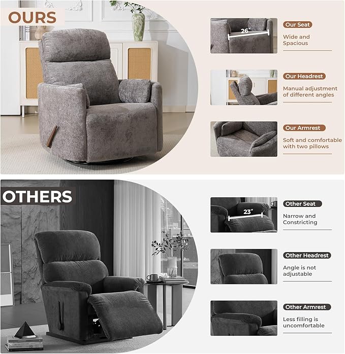 Oversized Swivel Rocker Recliner Chair with Massage and Heat Manual Swivel Glider Rocker Recliner with 2 Bolster Pillows Rocking Nursery Chair with Storage Ottoman  Adjustable Headrest Dark Grey