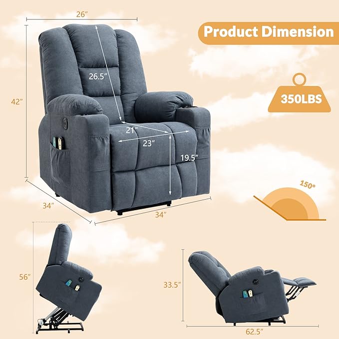 Electric Power Lift Recliner Chair with Heat and Massage Lift Recliner for Elderly Single Sofa recliners for Living Room with Cup Holders 4 Pockets USB Ports Soft Fabric (Gray-Blue)
