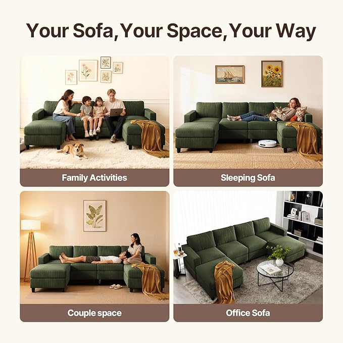 101 Inch Green Corduroy Sectional Sofa U Shaped Sectional Sofa with 2Ottomans 6 Seater Convertible Corduroy Sofa Comfortable Living Room Couch (Green 4 Seat with 2 Ottoman)