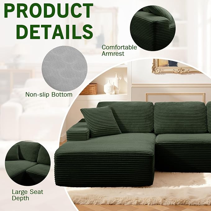 109.4” Modular Sectional Sofa Convertible Sofa Bed No Assembly Required Cloud Couch with Deep Seat Modern L-Shaped Boneless Sofa for Living Room (Green)