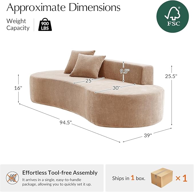 HULALA HOME 94.5 Curved Boneless Couch with Two Pillows Oversized 3 Seater Compressed Foam Sofa with Deep Seat Modern Cloud Couch for Living Room No Assembly Required Pink