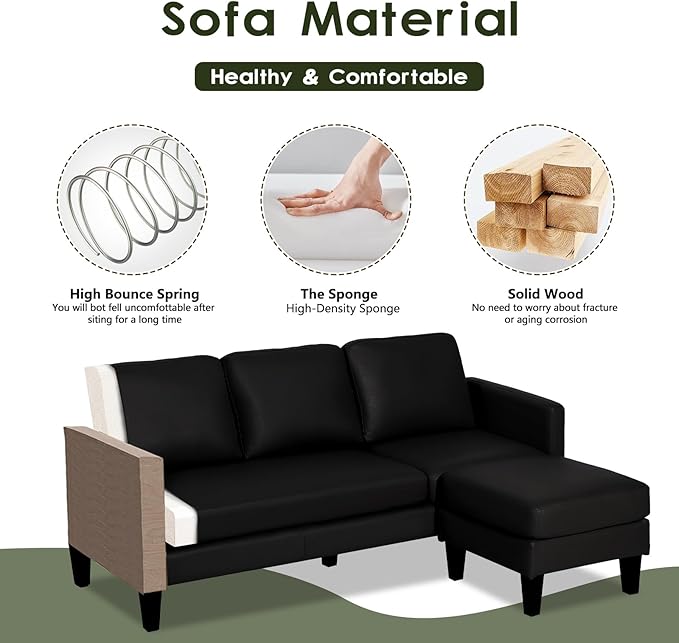 Faux Leather Sectional Couch L Shaped Sofa with 3 Seater Couch and Reversible Chaise Convertible PU Leather Comfy Couches for Living Room (Black)