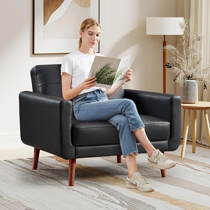 CANMOV 29 W Oversized Leather Accent Chair Armchair Button Back Mid Century Modern Accent Chairs for Living Room Modern Upholstered Bed Room Chair Cozy Armchair with Wood Legs Black