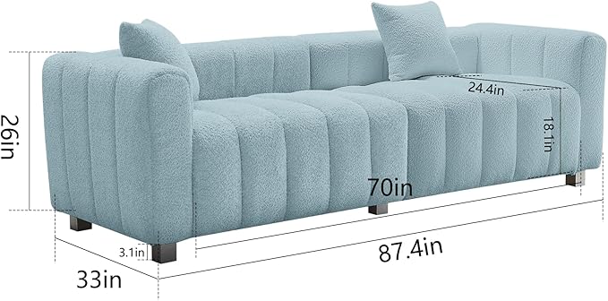 87.4'' Modern 3-Seater Sofa Bubble Couch for Living Room Premium Teddy Velvet Deep Seat Sofa Couch Fluffy Loveseat Sofa with 6 Metal Base Legs for BedroomHome/Office (Blue)