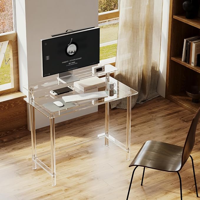 Eglaf Acrylic Desk with Monitor Stand - Home Office Desk Computer Desk Writing Table for Office Living Room Bedroom 39.4 L x 19.7'' W x 34.5 H Clear