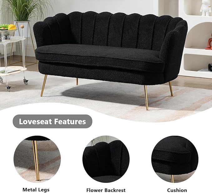 Anwick 59 Small Modern Chenille Loveseat Sofa 2-Seater Sofa with Gold Metal Legs Small Couch with Flower Shaped Back for Living Room Bedroom Office (Black)