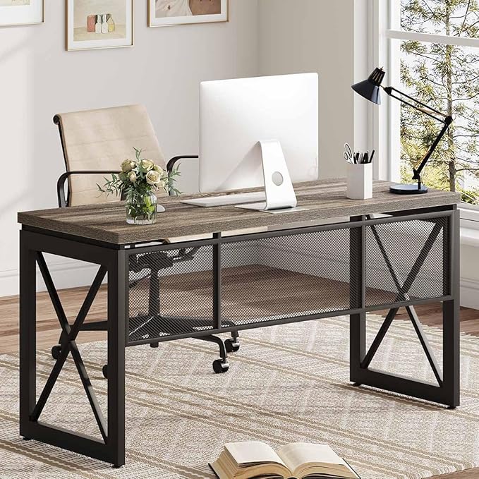 BON AUGURE Industrial Computer Desk Rustic Wood Desks for Home Office Sturdy Metal Writing Work Table (60 Inch Dark Grey Oak)