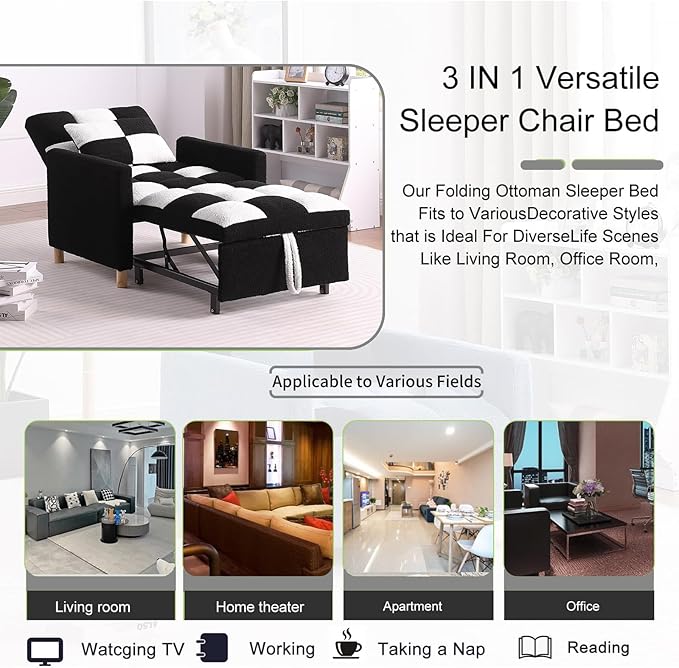 3-in-1 Convertible Chair Bed Single Sofa Bed Pull Out Sleeper with Adjustable Backrest Lounger for Living Room (Black White)