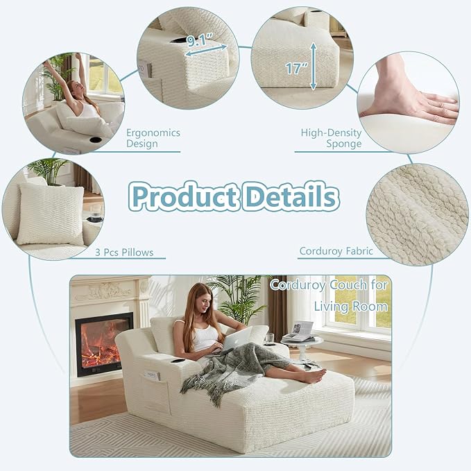 49.2Oversized Chaise Lounge Chair IndoorFaux Fur Boneless Reading Chair with Cup Holder&ampSide PocketsCloud Sofa BedComfy Modern Sleeper Chairs in Box for Living RoomNo Assembly(Light Grey)