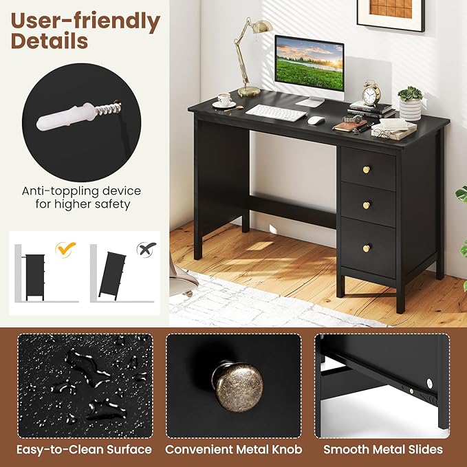 GOFLAME Computer Desk w/ 3 Drawers 48 Wide Writing Desk with Storage Laptop Study Desk w/Anti-tip Kit Modern Home Office Desk Wooden Workstation Vanity Table for Study OfficeBlack
