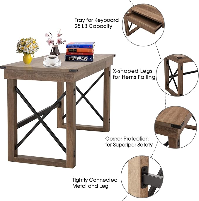 Festival Depot 47.5 Writing Computer Desk Large Home Office Desk in Industrial Style with Pull-Out Keyboard Tray Black Metal and Wood Appearance Laptop Table for Game Study
