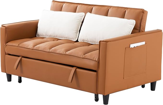 3 in 1 Convertible Sofa Bed Love Seat Sleeper Bed with Side Pockets PU Fabric Pull Out Couch with Adjustable Backrest for Living Room Bedroom Apartment Brown