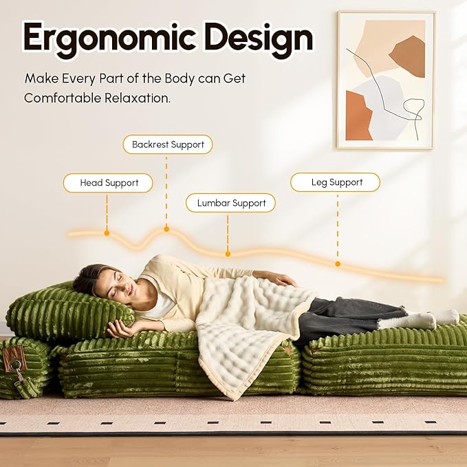 Folding Sofa Bed Convertible Sleeper Chair with Pillow Foldable Mattress Lounge Chair for Living Room Bedroom Portable Guest Bed Green