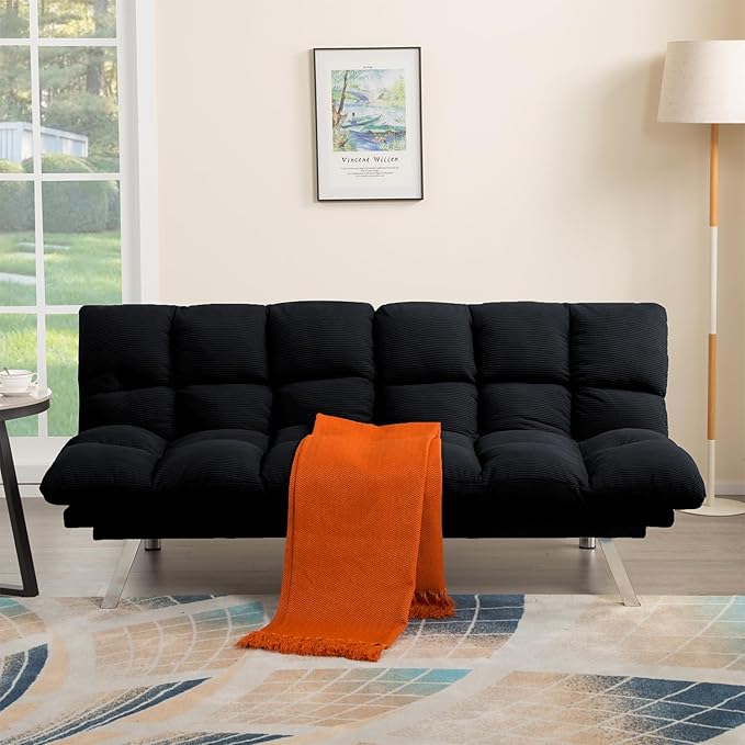 Black Modern Corduroy Convertible Folding Futon Couch Sofa BedArmless Cloud Double Loveseat Sofa Adjustable Backrest for Compact Living Dorm Game Studio Apartment Bedroom