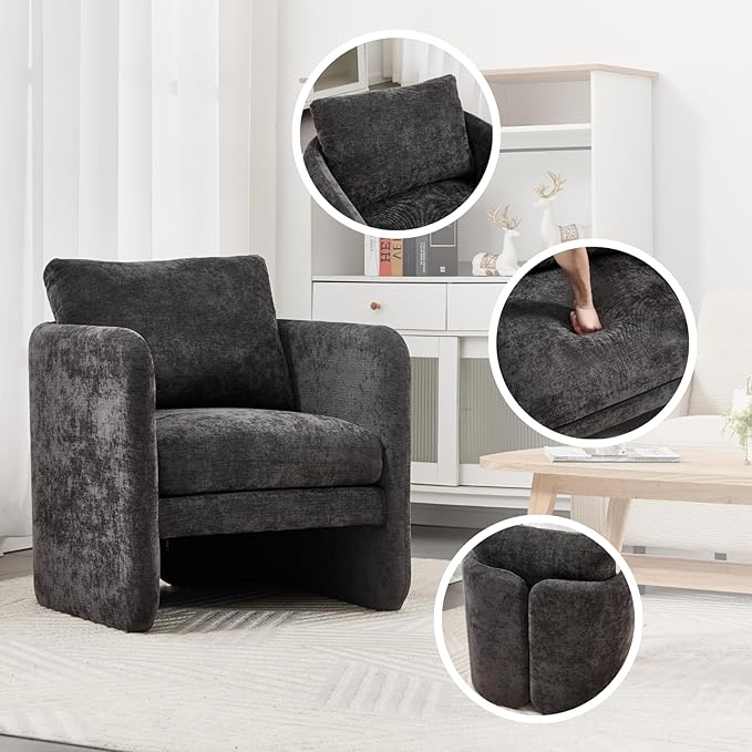 Modern Barrel Accent Chair Single Sofa Chair with Removable Back Pillow Comfy Chenille Upholstered Reading Accent Chair Lounge Armchair for Bedroom Living Room Grey
