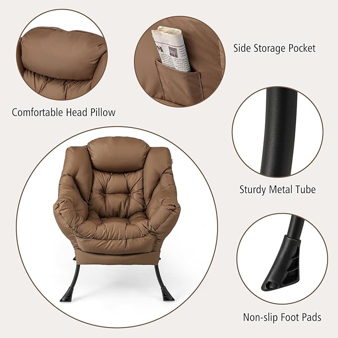 RELAX4LIFE Lazy Chair with Foldable Ottoman - Modern Lounge Accent Chair w/Armrests &amp Side Pocket Upholstered Leisure Sofa Armchair with Footrest for Reading Living Room Bedroom Dorm (Brown)