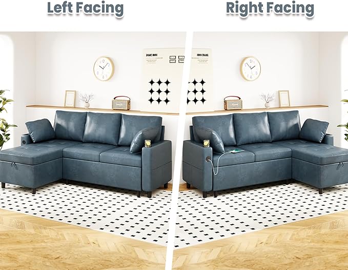 Leather Sleeper Sofa 83.5'' Sofa Bed with Storage Chaise Pull Out Couch with USB Cup Holders and Side Pockets L-Shaped Convertible Couches for Living Room-Faux Leather Blue