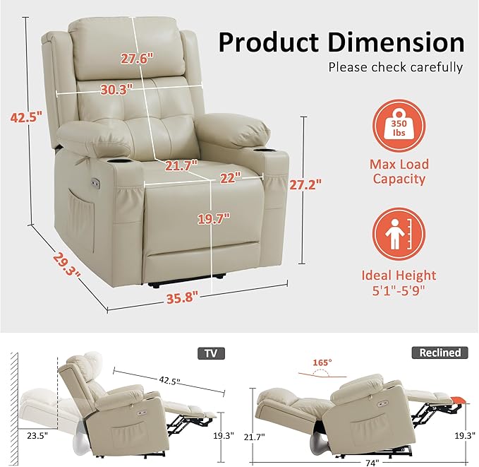 MCombo Lay Flat Triple Motor Power Lift Recliner Chair with Massage and Heat Electric Recliner Chair for Elderly People Adjustable Headrest Infinite Position Faux Leather 7661 (Beige Medium)
